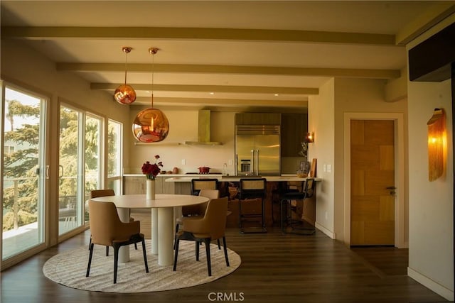 dining room featuring baseboards, dark wood-type flooring, a wealth of natural light, and beamed ceiling