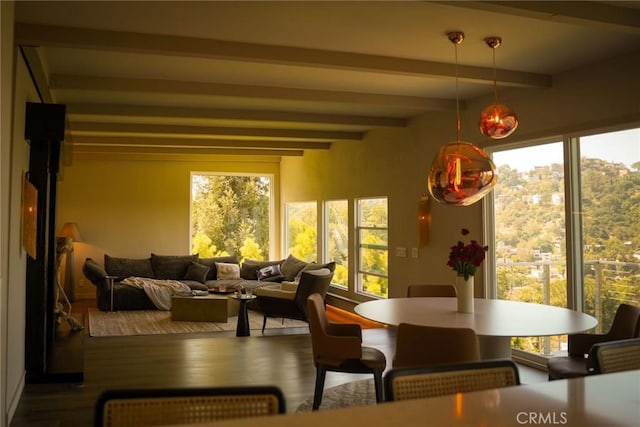 interior space featuring beamed ceiling and wood-type flooring