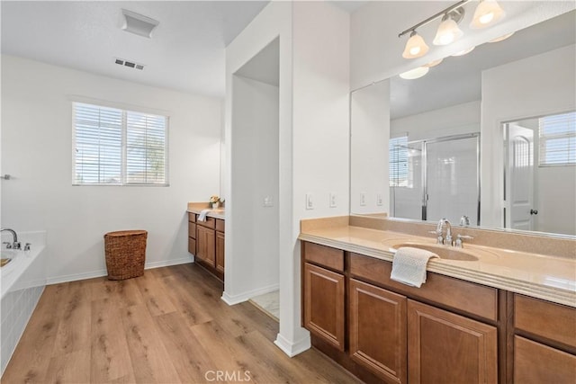 bathroom with a stall shower, plenty of natural light, vanity, and visible vents