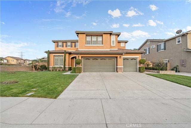 prairie-style home with a front yard, concrete driveway, an attached garage, and stucco siding