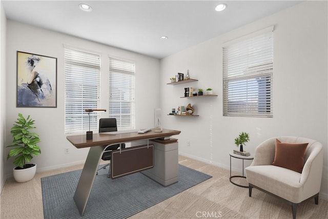 office area featuring recessed lighting, light colored carpet, and baseboards