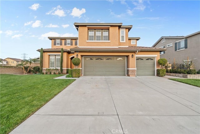 prairie-style house with an attached garage, a front lawn, concrete driveway, and stucco siding