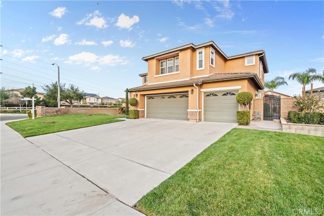 view of front facade featuring an attached garage, driveway, a gate, stucco siding, and a front lawn