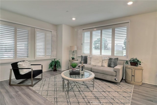 living area featuring light wood finished floors, baseboards, and recessed lighting