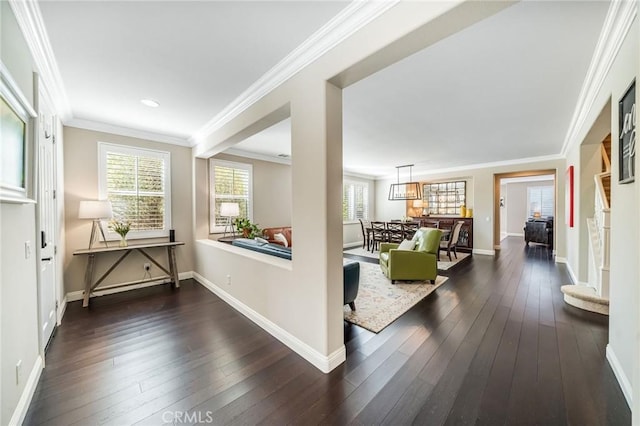 hallway with ornamental molding and dark hardwood / wood-style floors