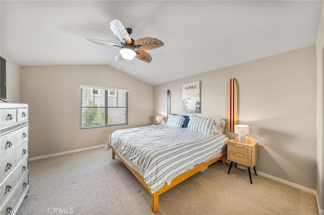 bedroom with light carpet, lofted ceiling, and ceiling fan