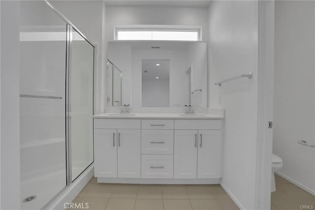 bathroom featuring tile patterned flooring, vanity, an enclosed shower, and toilet