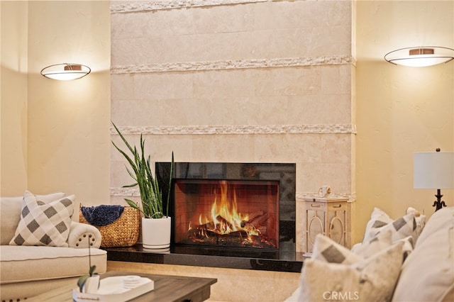 interior space featuring a tile fireplace