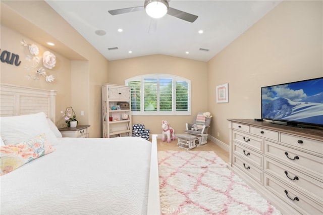 bedroom featuring vaulted ceiling, light colored carpet, baseboards, visible vents, and recessed lighting