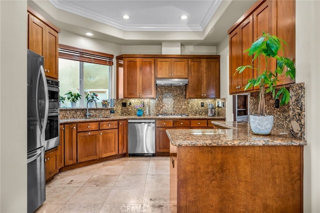 kitchen featuring sink, appliances with stainless steel finishes, a raised ceiling, stone counters, and decorative backsplash