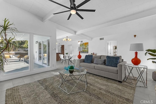 tiled living area with beamed ceiling, ceiling fan with notable chandelier, and visible vents