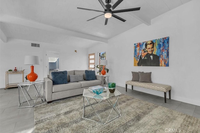 living area with a ceiling fan, beam ceiling, baseboards, and visible vents