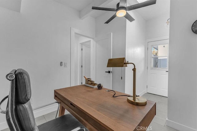 office area with light tile patterned floors, baseboards, and ceiling fan