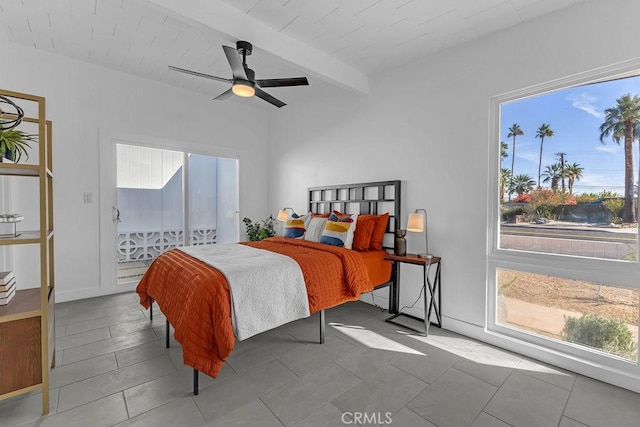 bedroom with multiple windows, beam ceiling, and ceiling fan