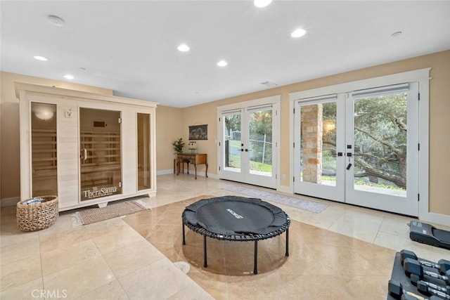 doorway to outside with french doors, recessed lighting, visible vents, tile patterned flooring, and baseboards