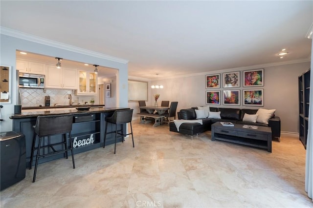 711 Pacific Coast Unit 313, Huntington Beach, CA 92648 - living area featuring a notable chandelier, crown molding, and recessed lighting