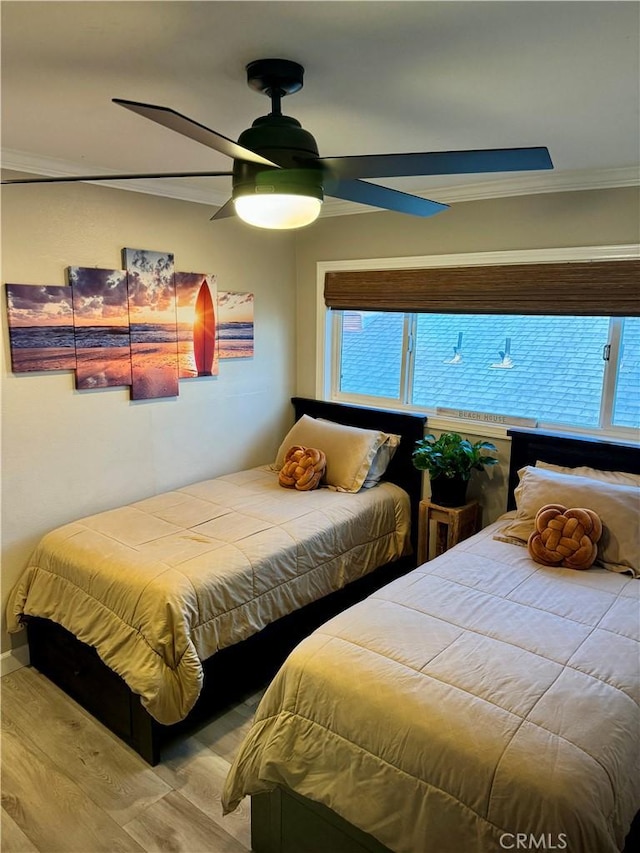 bedroom featuring multiple windows, ornamental molding, ceiling fan, and light wood-type flooring