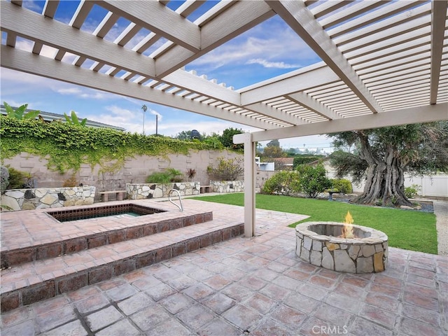 view of patio featuring a pergola and a fire pit