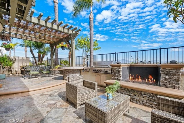 28622 Point Loma, Laguna Niguel, CA 92677 - fenced backyard with a patio area, an outdoor stone fireplace, and a pergola