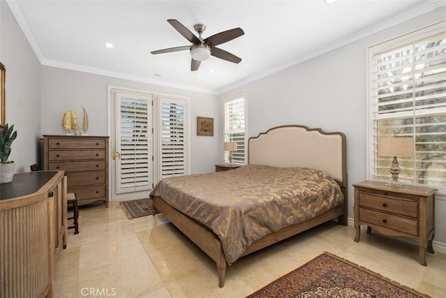 28622 Point Loma, Laguna Niguel, CA 92677 - bedroom with access to exterior, recessed lighting, ornamental molding, and ceiling fan