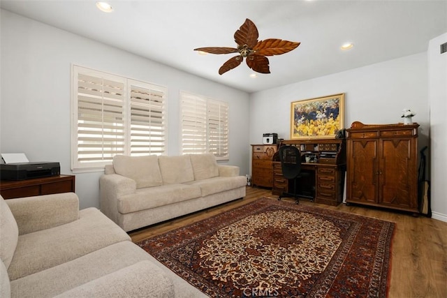 28622 Point Loma, Laguna Niguel, CA 92677 - living room featuring wood finished floors, a ceiling fan, a desk, and recessed lighting