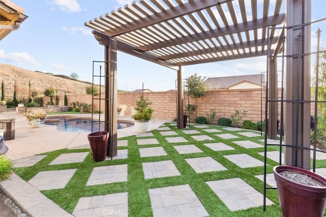 view of patio / terrace with a fenced in pool, a fenced backyard, and a pergola