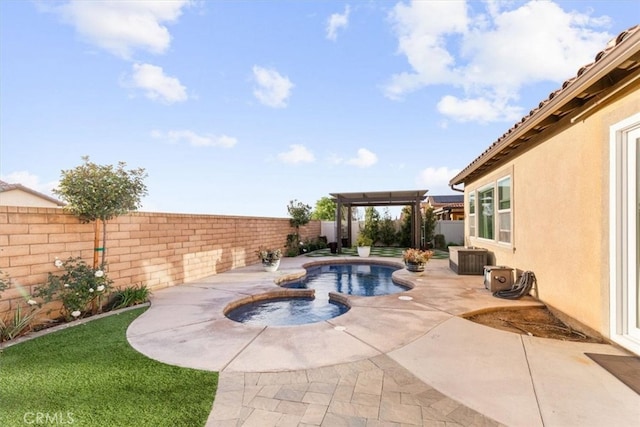 view of pool featuring a fenced in pool, a fenced backyard, a patio, and a pergola