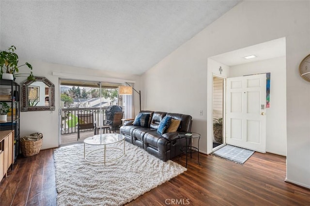 living room with vaulted ceiling, a textured ceiling, and dark hardwood / wood-style flooring