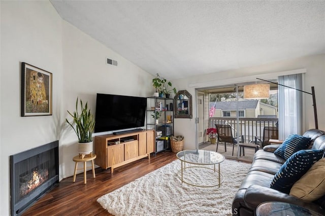 living room featuring lofted ceiling, dark hardwood / wood-style floors, and a textured ceiling