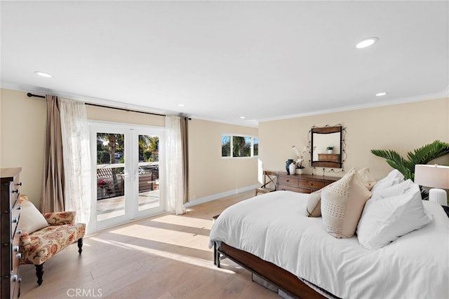 bedroom with ornamental molding, access to outside, light hardwood / wood-style floors, and french doors