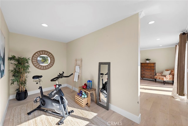 workout area featuring light hardwood / wood-style flooring