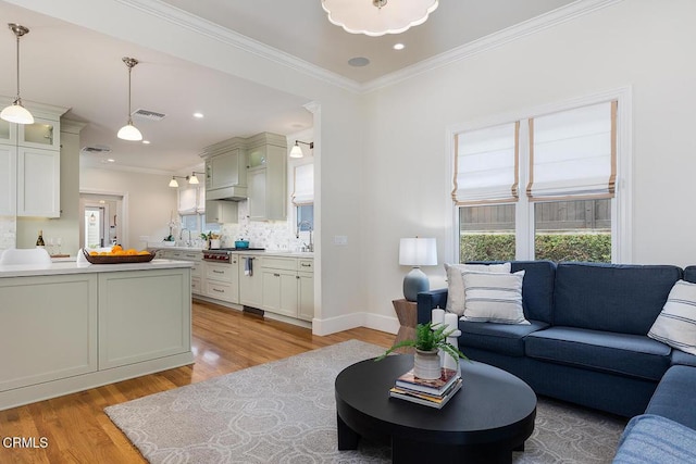 living room with sink, light hardwood / wood-style floors, and crown molding