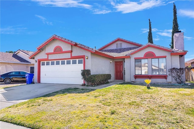 view of front of home featuring a front yard, driveway, an attached garage, and stucco siding