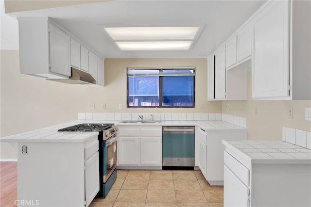 kitchen featuring stainless steel appliances, white cabinets, a sink, a peninsula, and under cabinet range hood