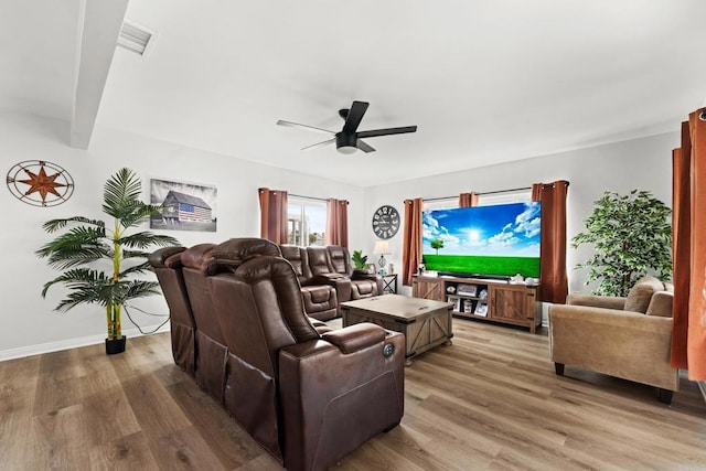 26639 Chambers Ave, Menifee, CA 92586 - living room featuring visible vents, a ceiling fan, baseboards, and wood finished floors