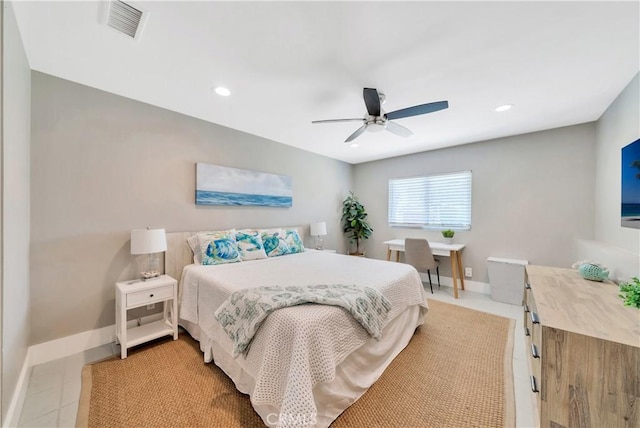920 Quivera St, Laguna Beach, CA 92651 - bedroom with ceiling fan, light tile patterned floors, and recessed lighting