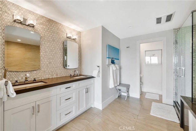 920 Quivera St, Laguna Beach, CA 92651 - full bathroom featuring a shower stall, tasteful backsplash, and double vanity