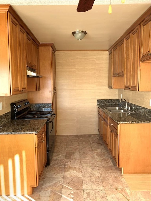 kitchen with black / electric stove, dark stone counters, sink, and backsplash
