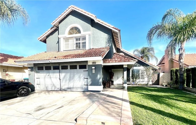 front facade with a garage and a front lawn