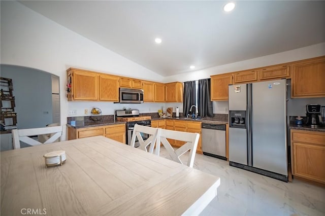 kitchen with lofted ceiling, stainless steel appliances, and sink