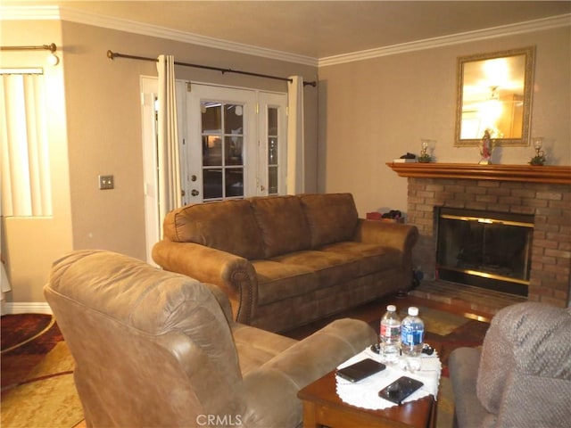 living room featuring tile patterned flooring, crown molding, a fireplace, and baseboards