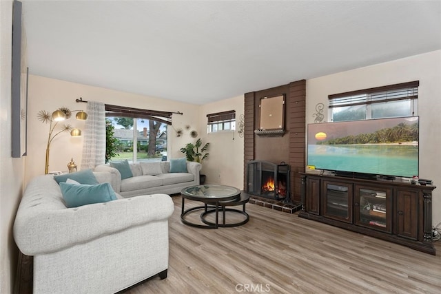 living room featuring a fireplace and light hardwood / wood-style flooring