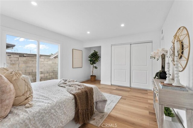 5594 Denver St, Montclair, CA 91763 - bedroom with baseboards, a closet, light wood-style floors, and recessed lighting