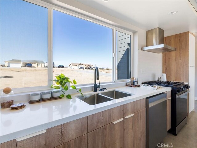 kitchen with appliances with stainless steel finishes, wall chimney exhaust hood, sink, and backsplash