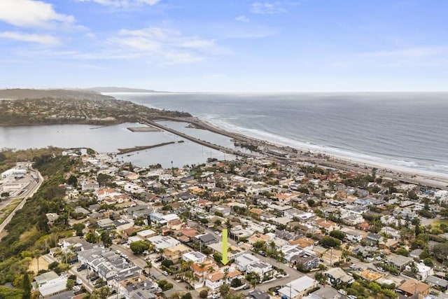 bird's eye view with a beach view and a water view