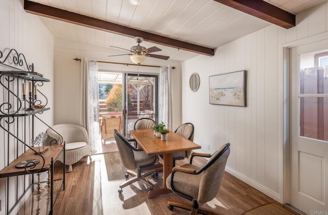 dining space with beamed ceiling, wood-type flooring, wood ceiling, and ceiling fan