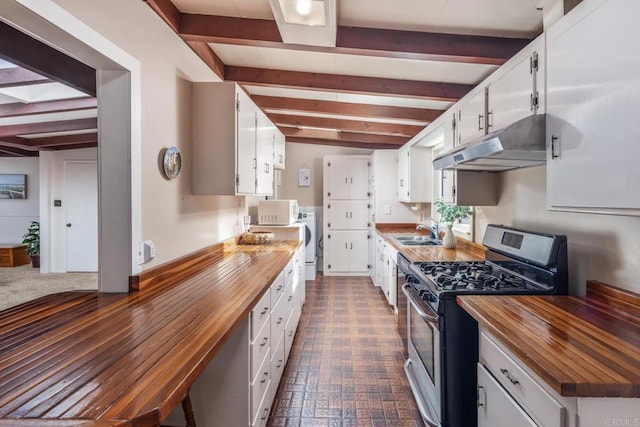 kitchen with butcher block counters, white cabinetry, and stainless steel range with gas cooktop