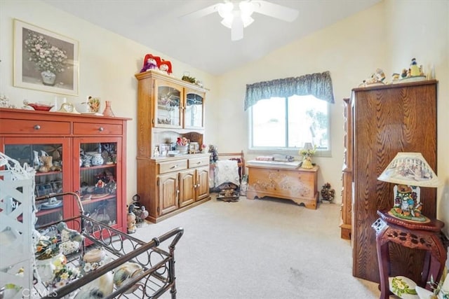 1308 Pleasant Valley Ave, Banning, CA 92220 - interior space featuring lofted ceiling, a ceiling fan, and light colored carpet