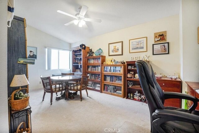 1308 Pleasant Valley Ave, Banning, CA 92220 - office space with lofted ceiling, a ceiling fan, and light colored carpet
