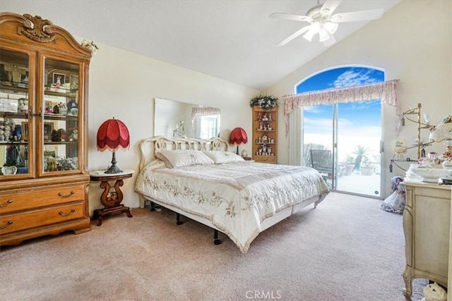 1308 Pleasant Valley Ave, Banning, CA 92220 - carpeted bedroom featuring access to outside, vaulted ceiling, and a ceiling fan